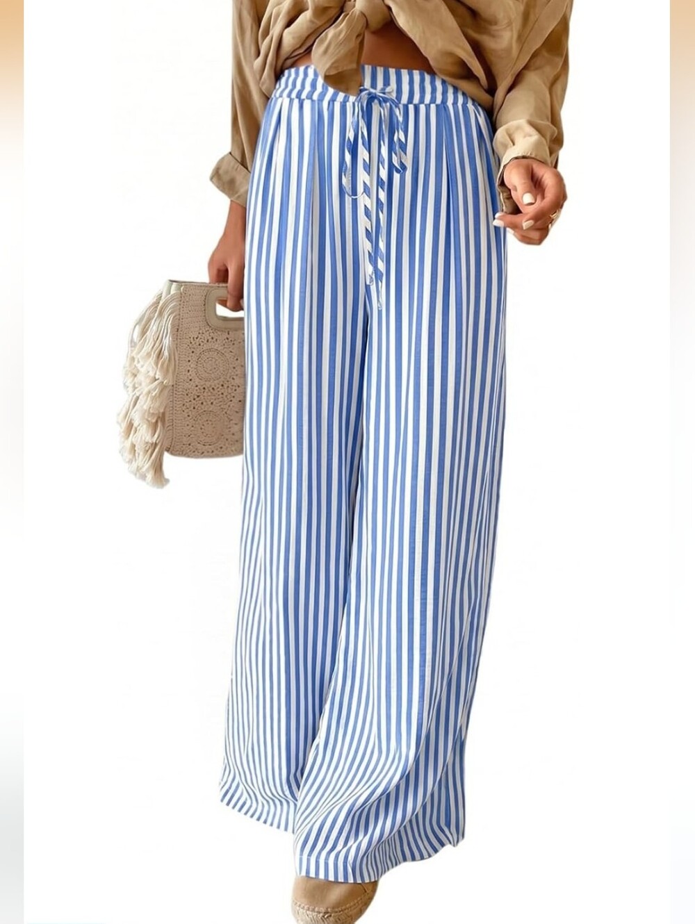Striped Blue & White Wide-Leg Drawstring Pants